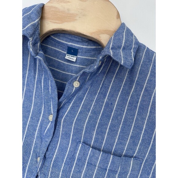 Old Navy Striped Shirt Dress L  Linen Blend Short Sleeve Button Front pockets - Picture 3 of 10